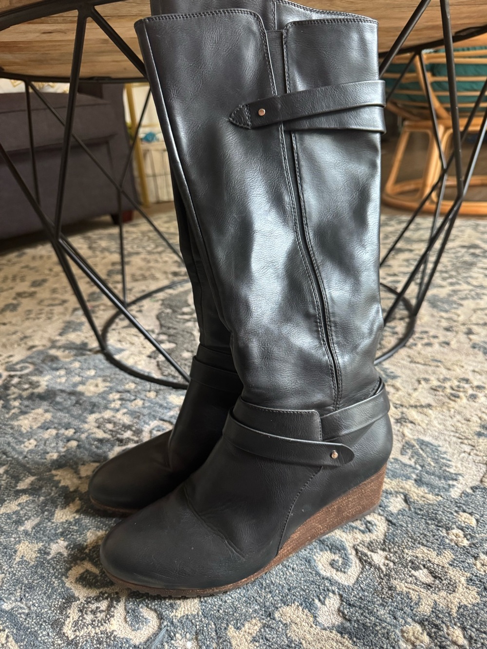 Tall Black Wedge Leather Boots - Dr. Scholls size 9